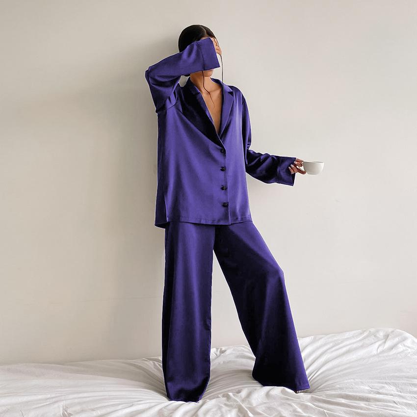 Women's Satin Silk Sleepwear Low Cut Sexy Home Clothes Pajamas Single Breasted Long Sleeves Wide Leg Pants Trouser Set