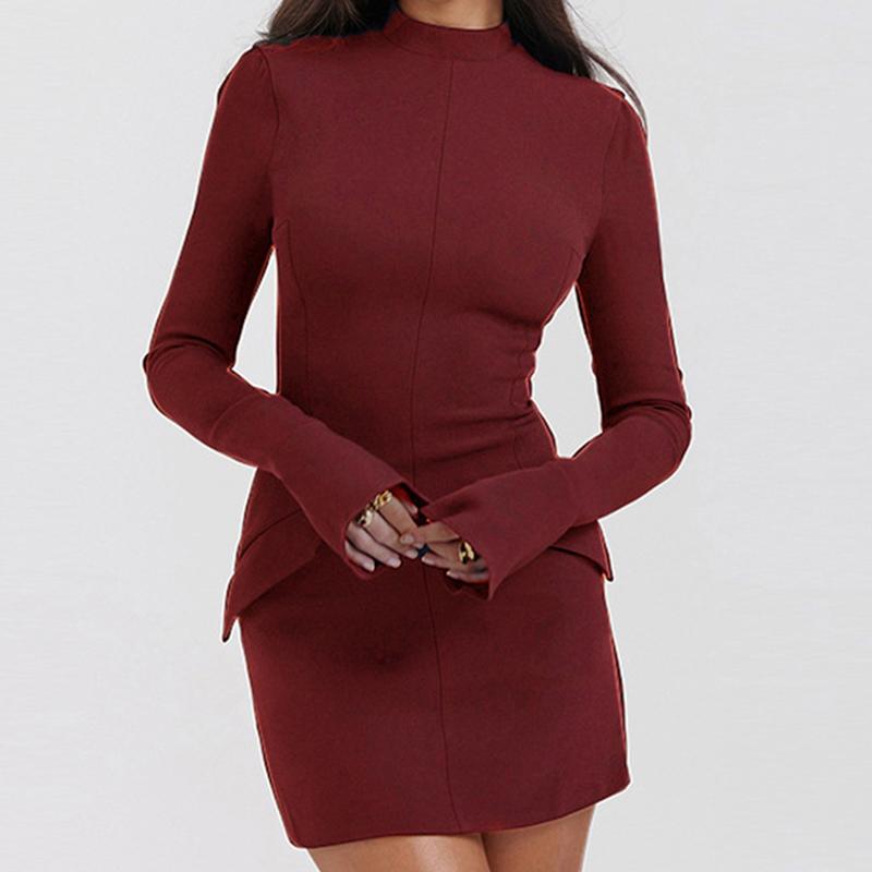 Podzimní nová móda sexy hot girl taška boková sukně temperament elegantní štíhlé šaty s dlouhým rukávem dámské oblečeníJednoduchá základní mini sukně