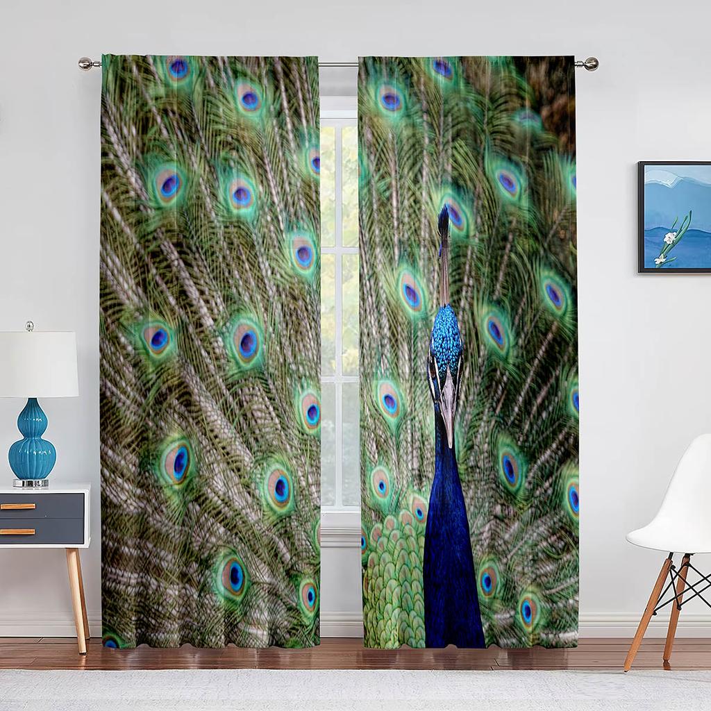 Peacock Green Feathers Birds Animals Skin Tulle Curtains for Living Room Bedroom Decoration Chiffon Sheer Voile Window Curtain
