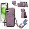 For iPhone 16 Case Card Holder Kickstand Leather+TPU Phone Cover with Shoulder Strap