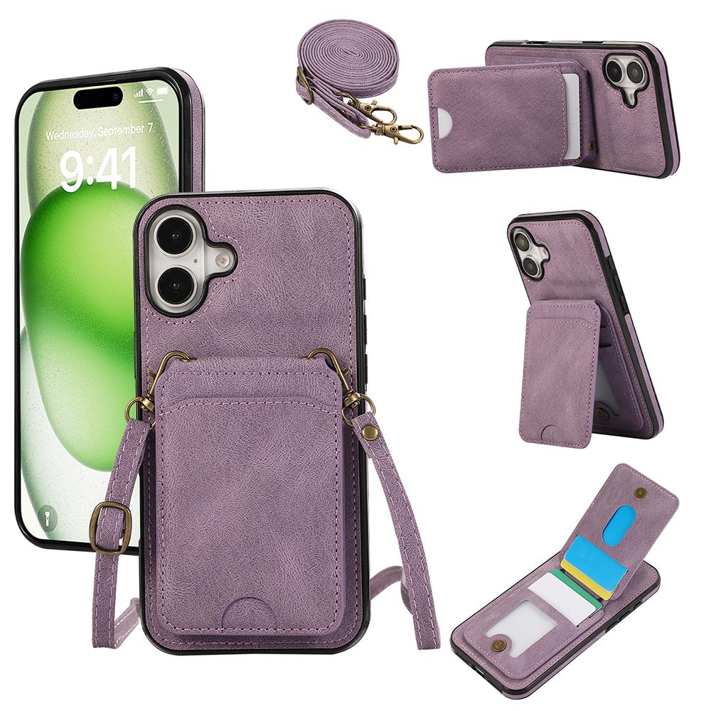 For iPhone 16 Case Card Holder Kickstand Leather+TPU Phone Cover with Shoulder Strap