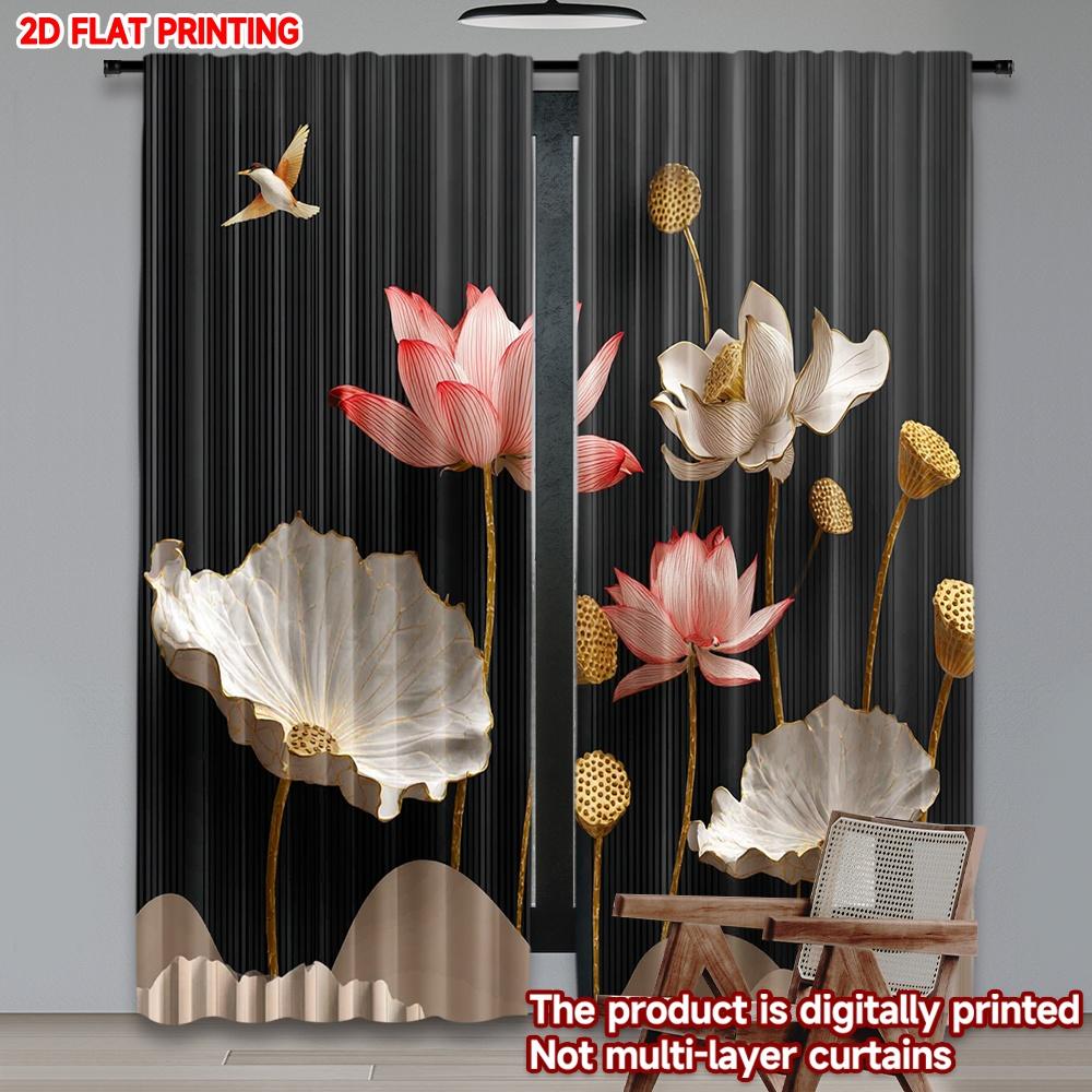 Set Of 2 Elegant Lotus Flower Curtains Pink White Blossoms Golden Seed Pods Black Background Bedroom Decor Curtain Polyester Perfect For