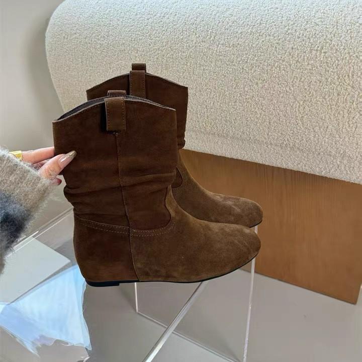Sheepskin Version~ Korean Niche Round Head Inner Heightening Stacking Boots Western Cowboy Boots Women's Autumn and Winter Short Boots Thin Boots