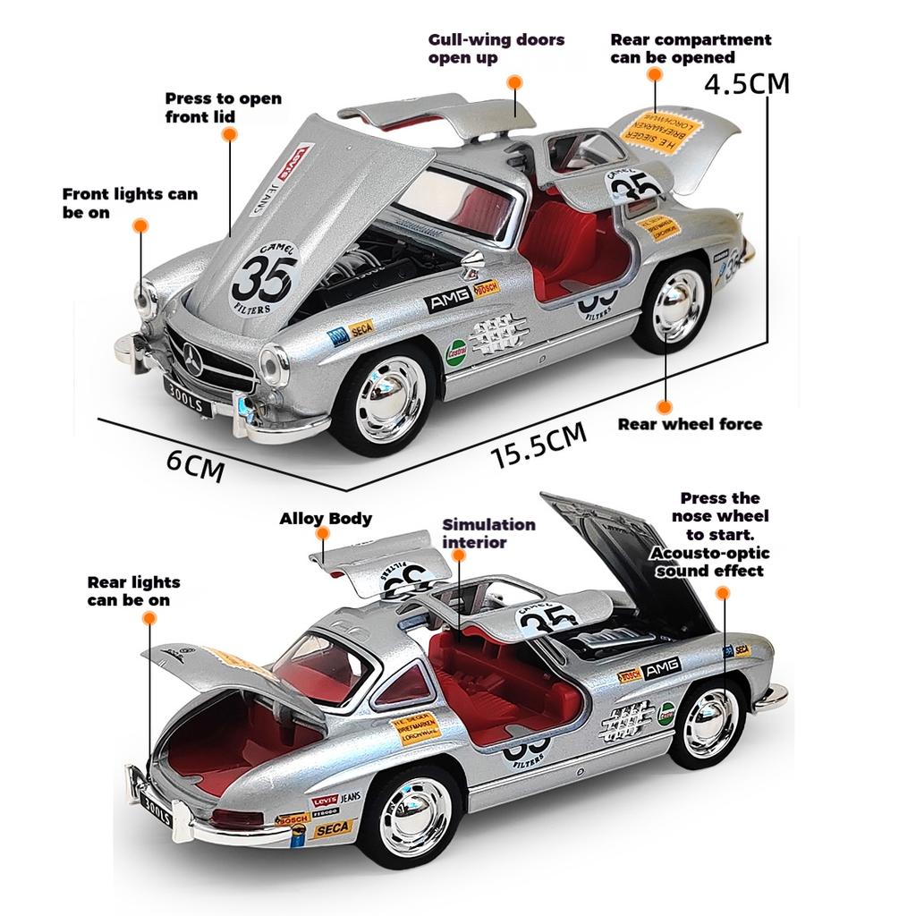 1/32 Benz 300SL 35# Vintage Classic Alloy Metal Diecast Model Car Sound & Light Simulation Collection Display Ornaments Present