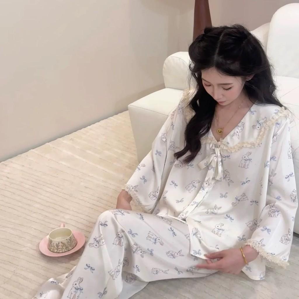 Ice Snow Silk Bunny Collar Pajamas Set With Lace Trim For Girls Home Wear