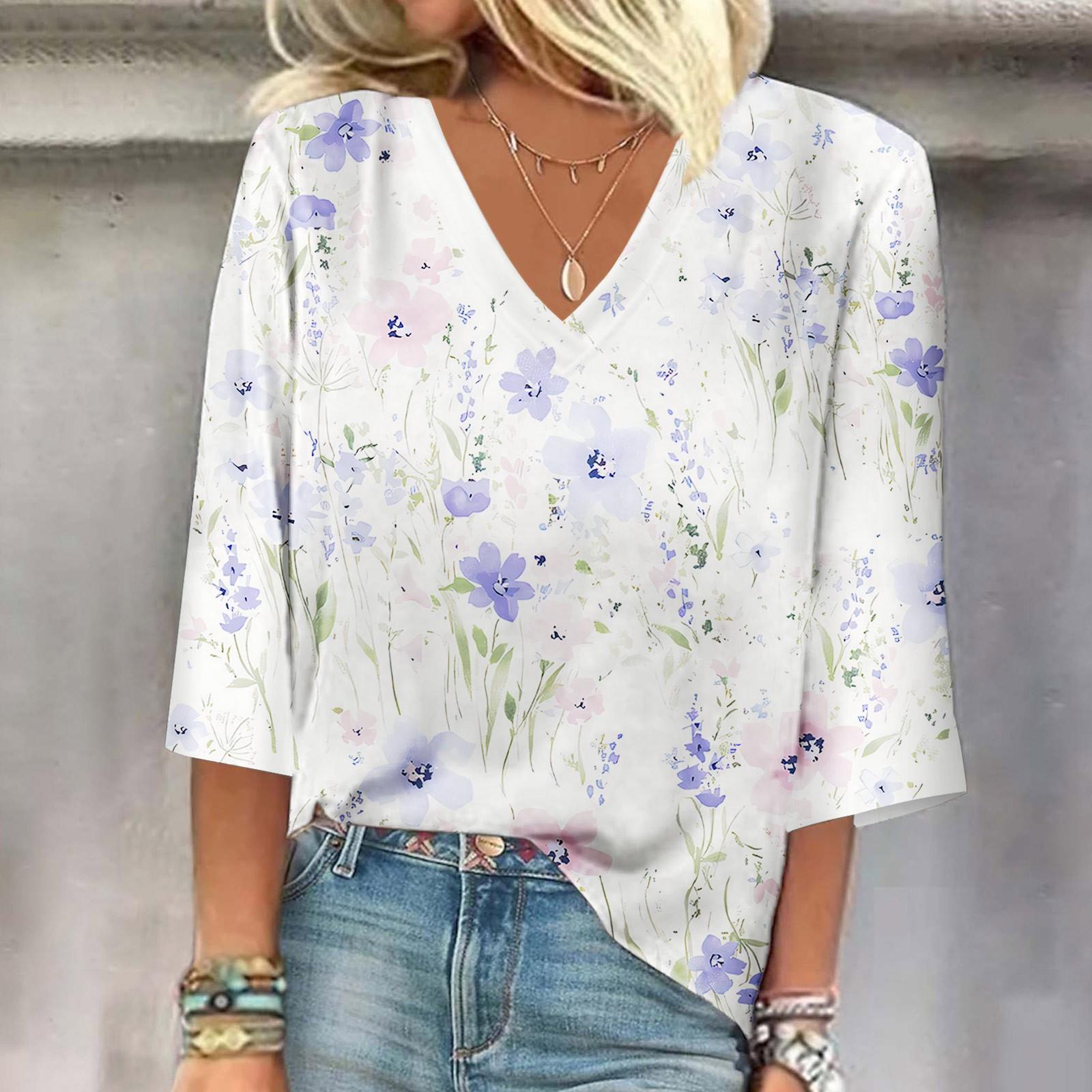 

Жіноча сорочка Блузка Повсякденні вільні сорочки з принтом 3/4 рукава Топи з V-подібним вирізом Топи з принтом Футболки Футболки S білий