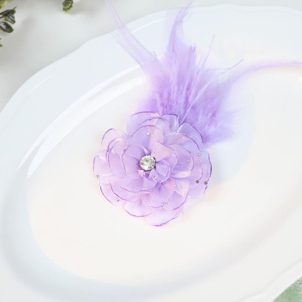 Vintage French Organza Flower Brooch with Ostrich Feathers and Rhinestones - High-Grade Garment and Shoe Ornament.