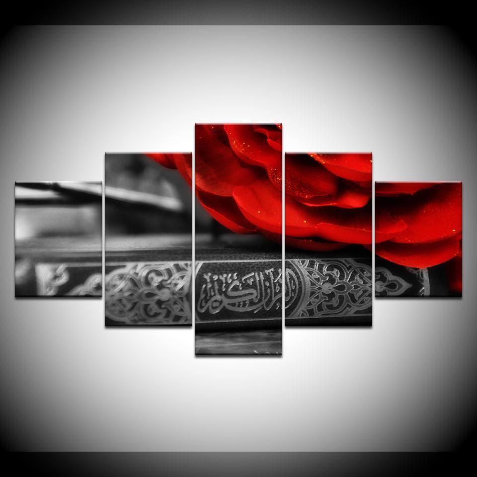 The red petals gray background 5 Piece Wallpapers Art Canvas Print modern Poster Modular art painting for Living Room Home Decor