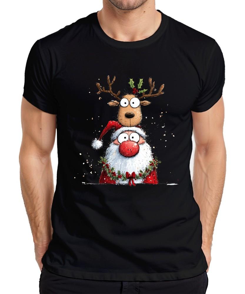 Santa Claus Reindeer Cartoon Funny Christmas Gift Kids Unisexs Tshirt