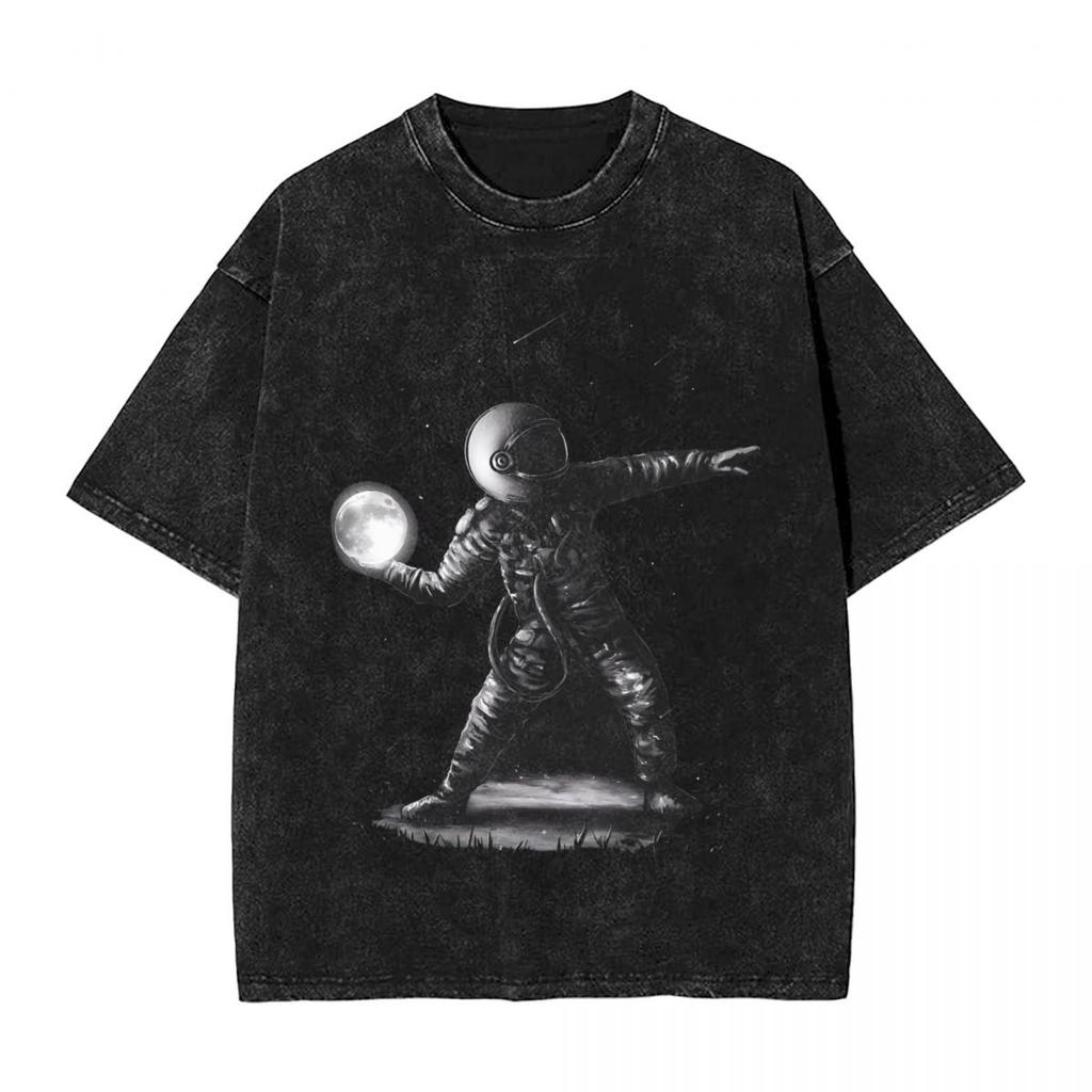 Astronauts Cherish The Lunar woman Men Cotton Washed Hot stamping Print Harajuku Cotton Mens Summer Short Sleeve Tees