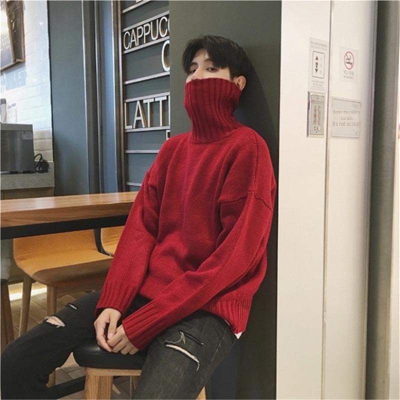 

Мужской однотонный свитер с высоким воротом — в гонконгском стиле, в корейском стиле, свободный крой, модный для пар и студентов L красный