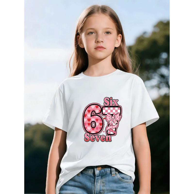 European sizes Pink Heart-Patterned Number 67 T-Shirt for Girls and Boys - Comfortable Casual Round-neck Design