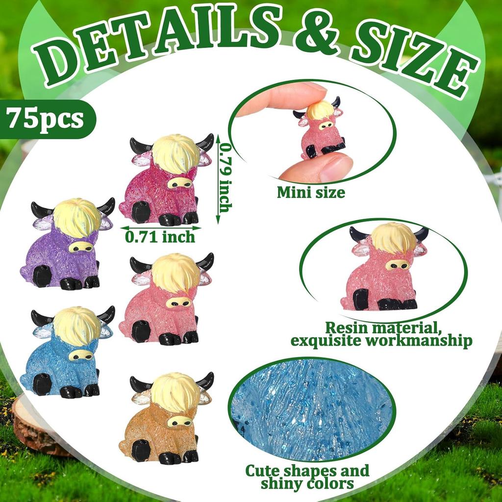 75 Pcs Mini Highland Cow Figurines Bulk Glitter Highland Cow Statues Mini Resin Animals Cute Tiny Resin Figures Animals Sculpture Ornament for Cake