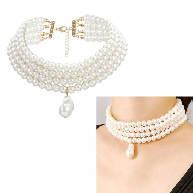 Simulated Pearl Necklaces Statement Bridal Choker Multi-Layer Pearl Necklace