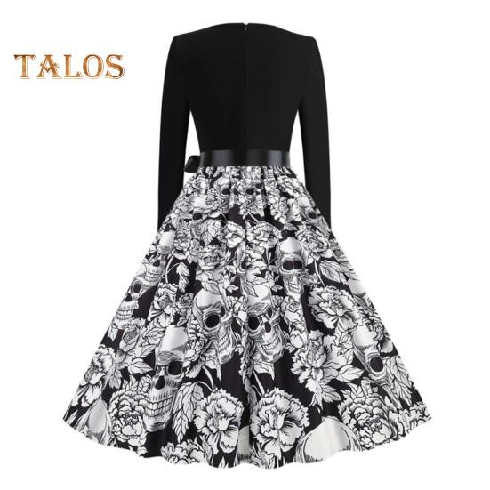 Damen Halloween Kleid A-Linie Big Swing Totenkopf Print Schnürung Schleife Gürtel Gewellter V-Ausschnitt Patchwork Plissee Lange Ärmel Party Karnevalskleid