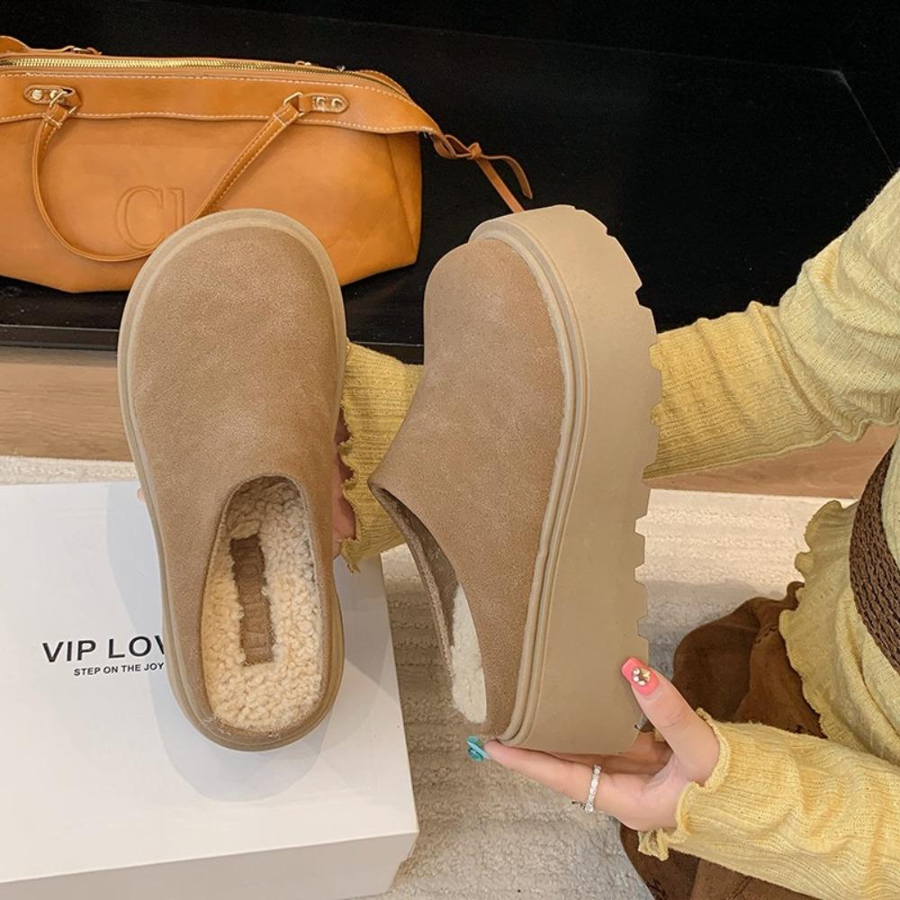 Women Fur Platform Half Slippers Woman Retro Suede Warm Shoes Autumn New Outdoor Design Thick-bottom Increase Cotton Slippers