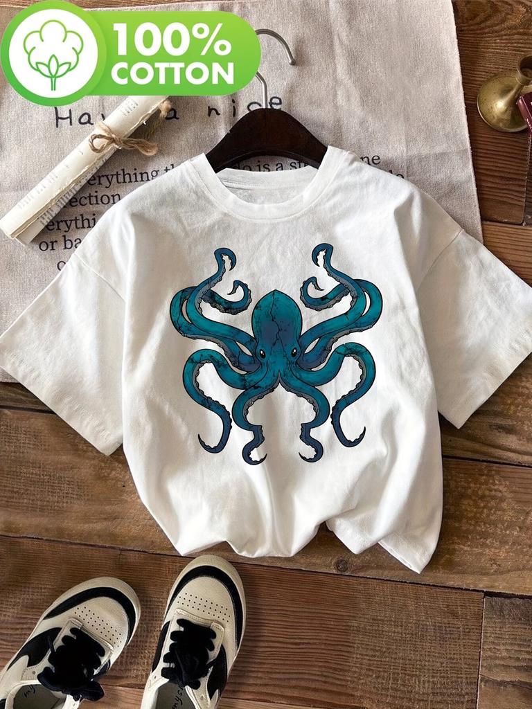 Vintage Octopus TShirt Cotton Cool Octopus TShirt Unisex Women Fashion Adult Tee Casual Breathable Loose Round Neck Tee