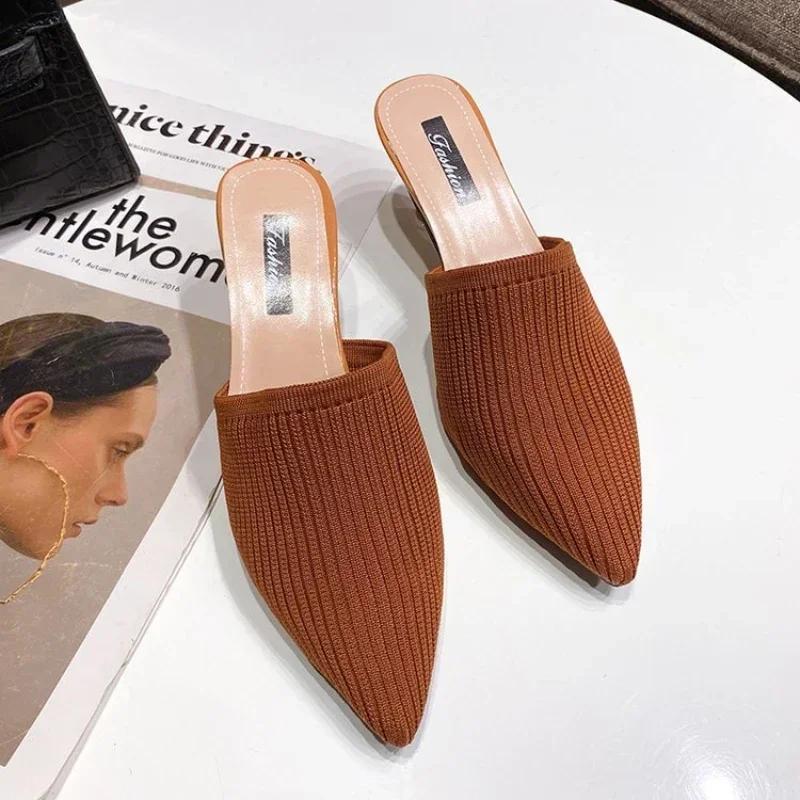 Fashion Shoes for Women 2025 Spring/Summer New High-heeled Slippers Women's Fashion Baotou Thin Heels Pointed Lazy Half Drag Sandals
