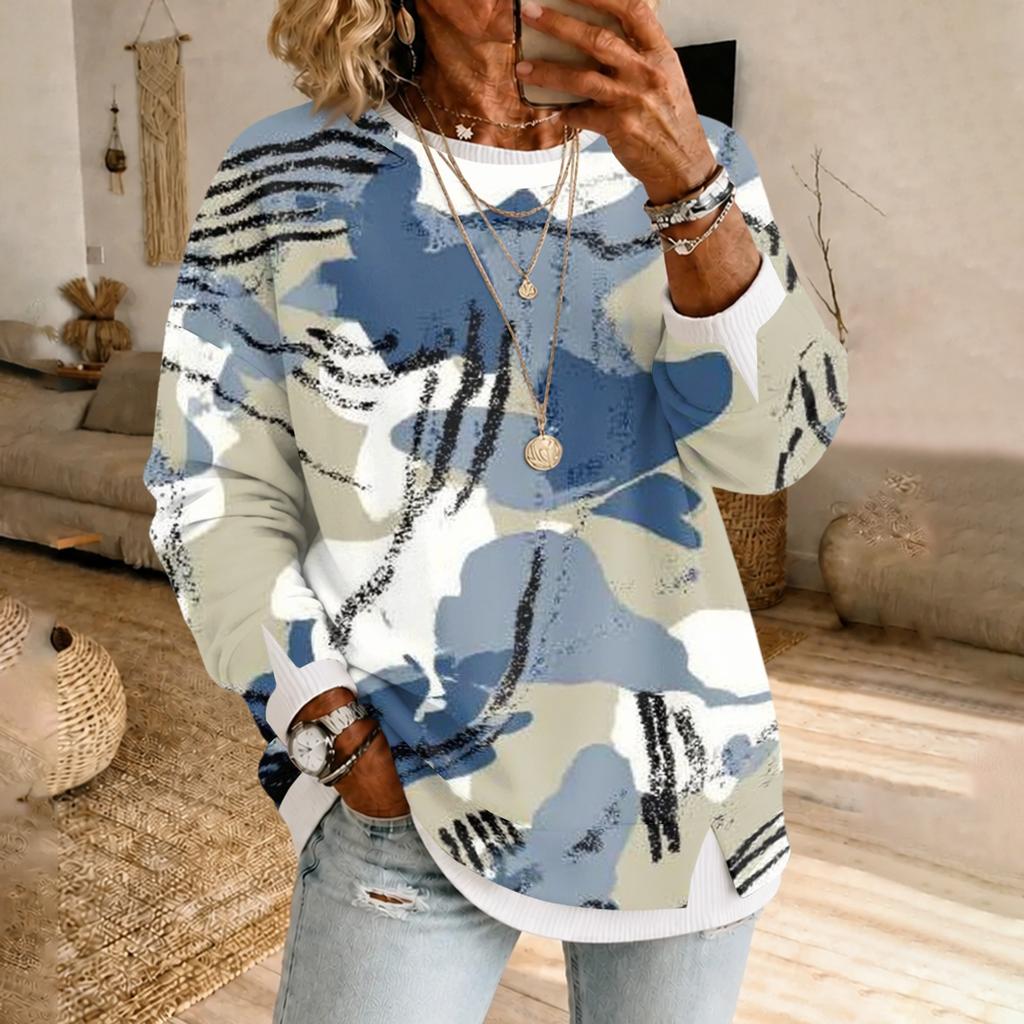 Women's Fashion Casual Camouflage Print Long Sleeve Round Neck Pullover Top