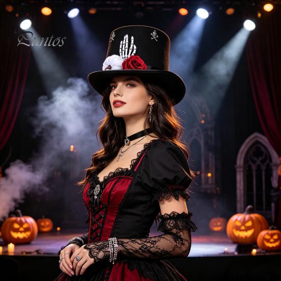 Decorazioni per Festa di Trucco Cappello a Cilindro in Feltro per Adulti Uomini Donne, Steampunk Halloween Cosplay con Copricapo Scheletro Mano e Rosa, Costume Cosplay Gotico Nero,