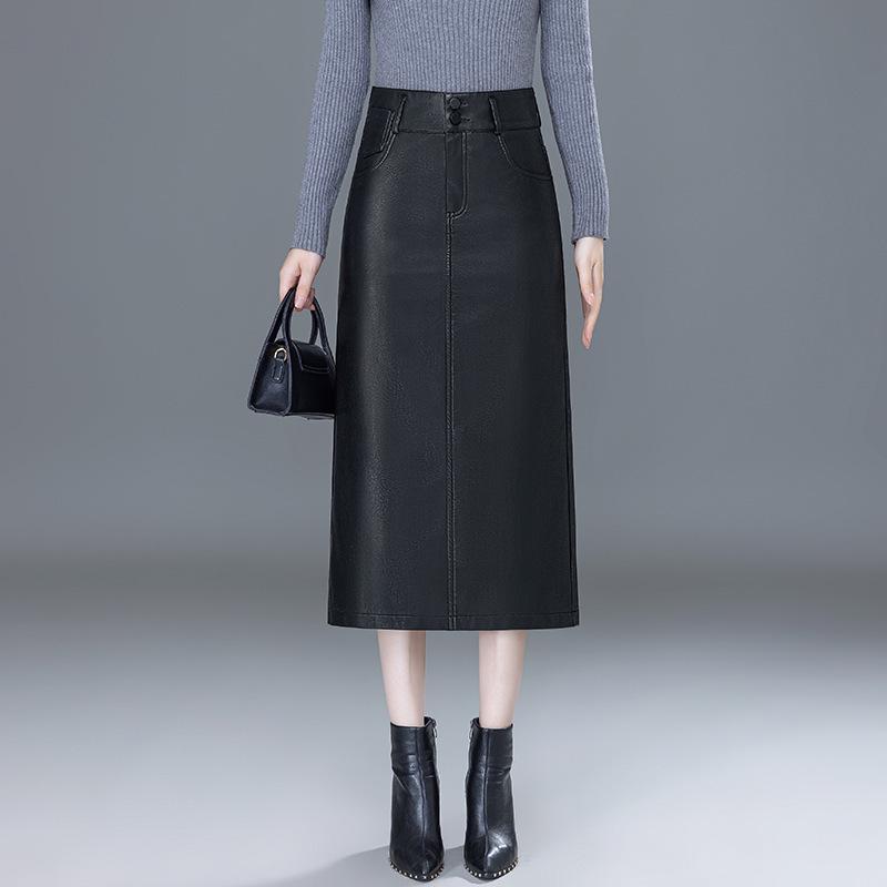 

Женская кожаная юбка-миди с завышенной талией на осень/зиму 2025 года - Облегающая из овчины с разрезом. 2XL чёрный