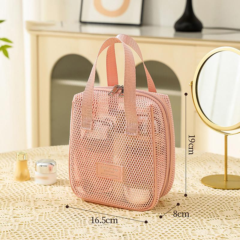 Portable Solid Color Mesh Cosmetic Bag Lightweight Space Saving Zipper Bags Large Capacity Travel Toiletry Storage Handbag