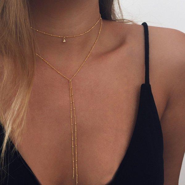 Bohemian Gold Color Metal Y-shaped Necklace for Women Double Laryered Long Chain Stacking Choker Necklace Fashion Jewelry Gift