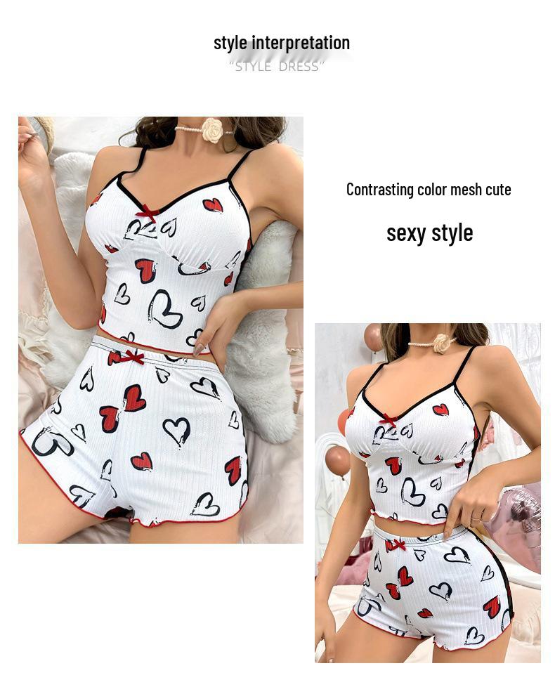 Heart Print Color Block Summer Women’s Pajama Set - Sexy Camisole and Shorts