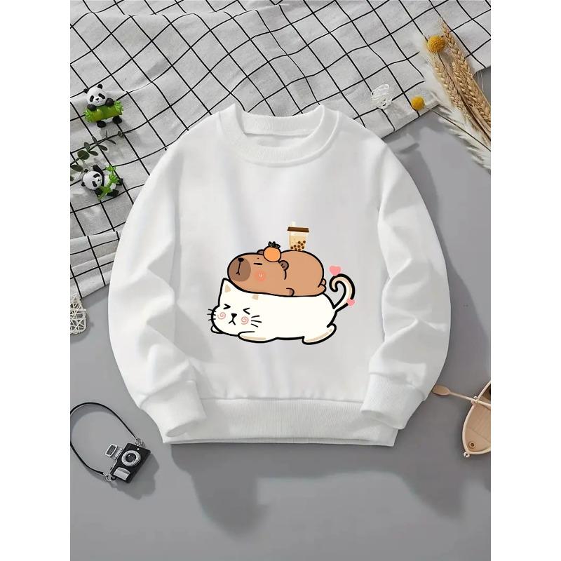 European Sizes Crewneck Sweatshirt for Kids Featuring an Adorable Cat And Bear with a Tea Machine. Perfect for Sports And Casual Outings