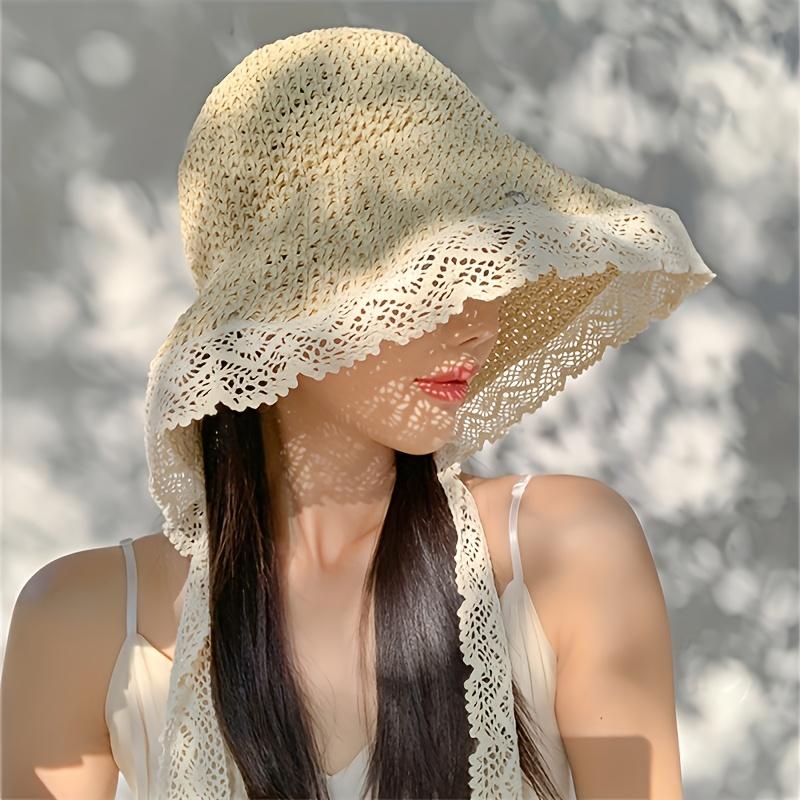 Women'S Wide Brim Sun Hat for Summer, Breathable & Foldable with Lace Trim and Adjustable Chin Strap - Lightweight Crochet Beach Hat, Protection