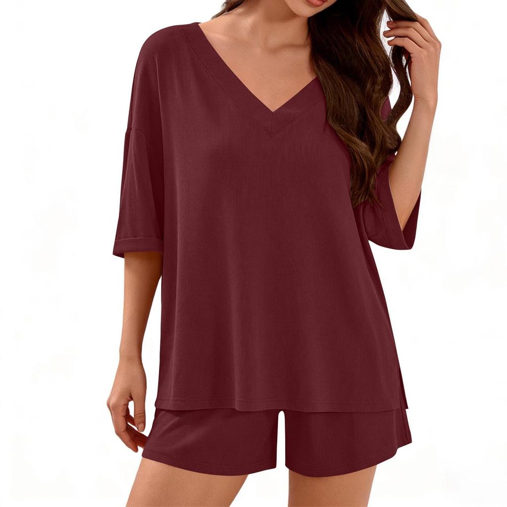 Women's Fashionable, Casual And Comfortable Plain Ribbed V-neck Short-sleeved Top And Shorts Casual Two-piece Set