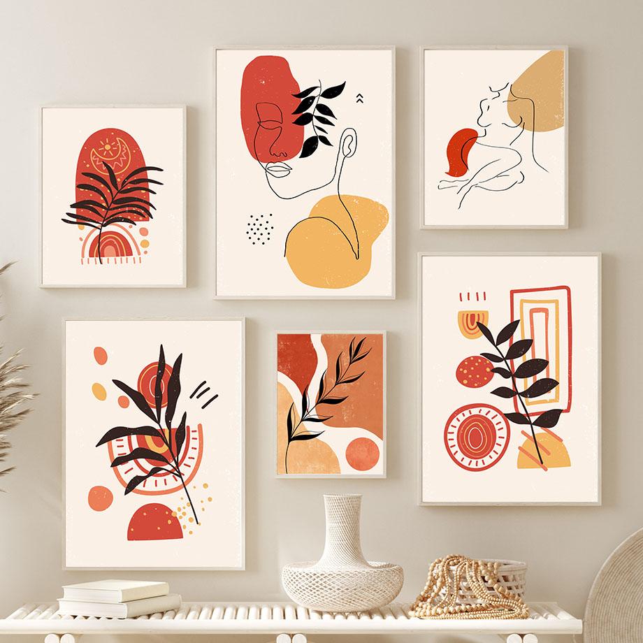 Wall Art Canvas Painting Red Yellow Line Girl Willow Branch Minimalist Living Room Decoration Posters And Prints Wall Pictures