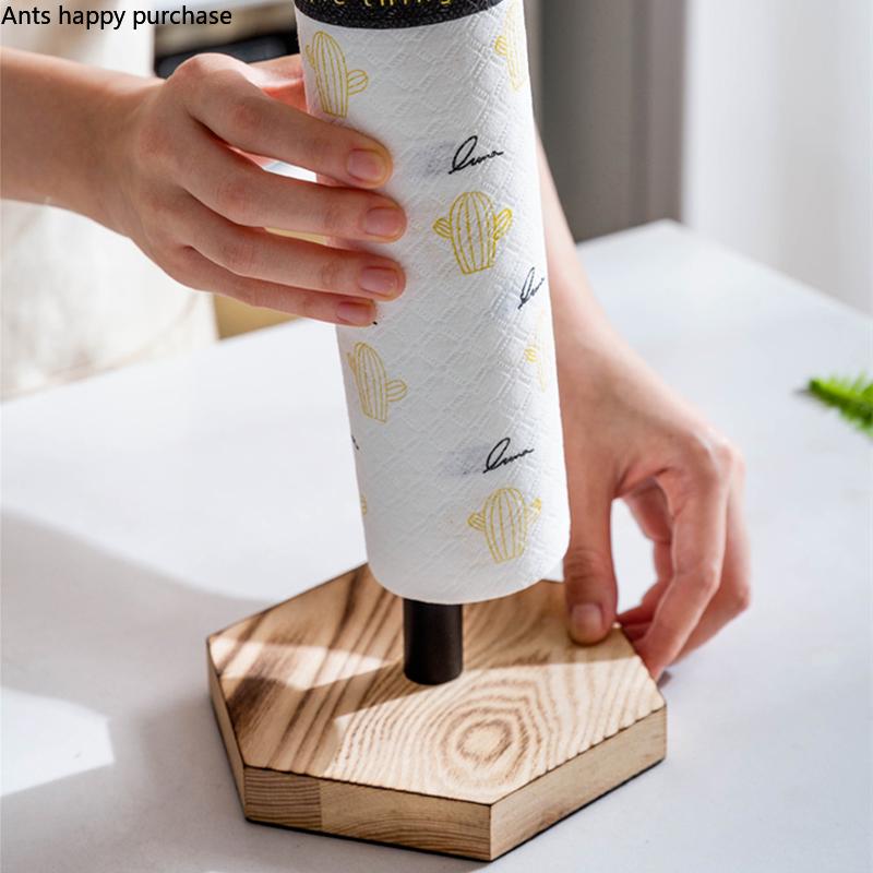 Wood Base Metal Tissue Holder Kitchen Paper Towel Rack Vertical Paper Roll Holder Kitchen Storage Rack Tissue Box Paper Holders