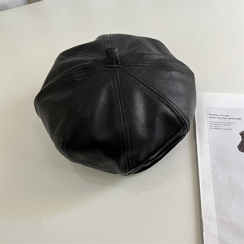 

Осенний новый берет из искусственной кожи женский весенне-летний восьмиугольный ретро шляпа художника, маленькая шляпка, подчеркивающая лицо M（56-58cm） чёрный