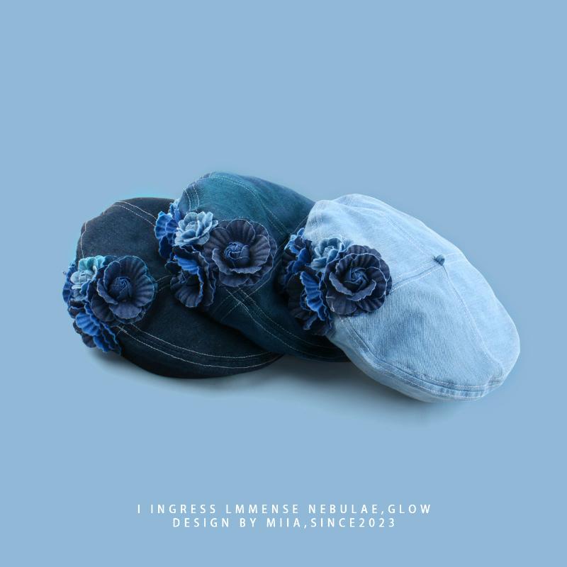 1PC Woman Vintage Blue Camellia Elegant Trendy Fashion Denim Fabric Painter Cap Beret