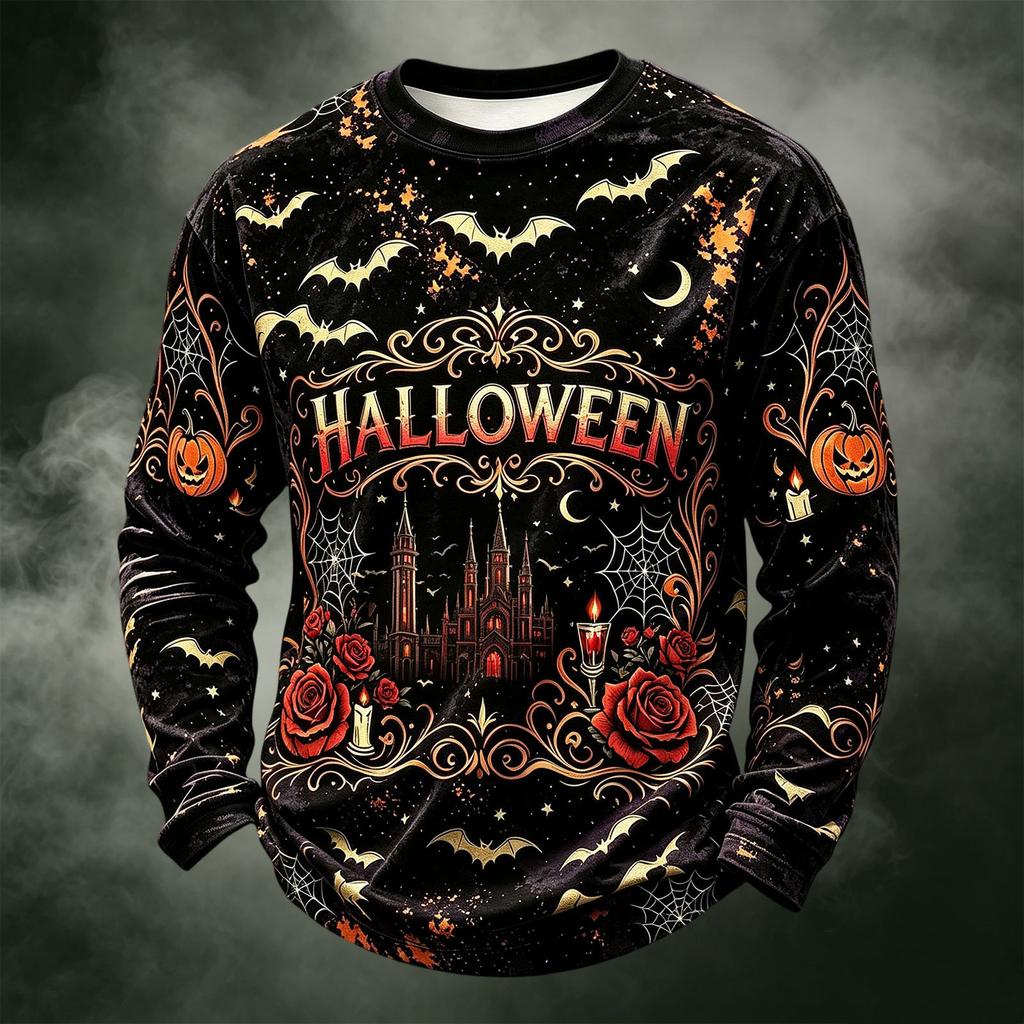 Men's Casual Long Sleeve Crewneck Knit Shirt with Halloween Print