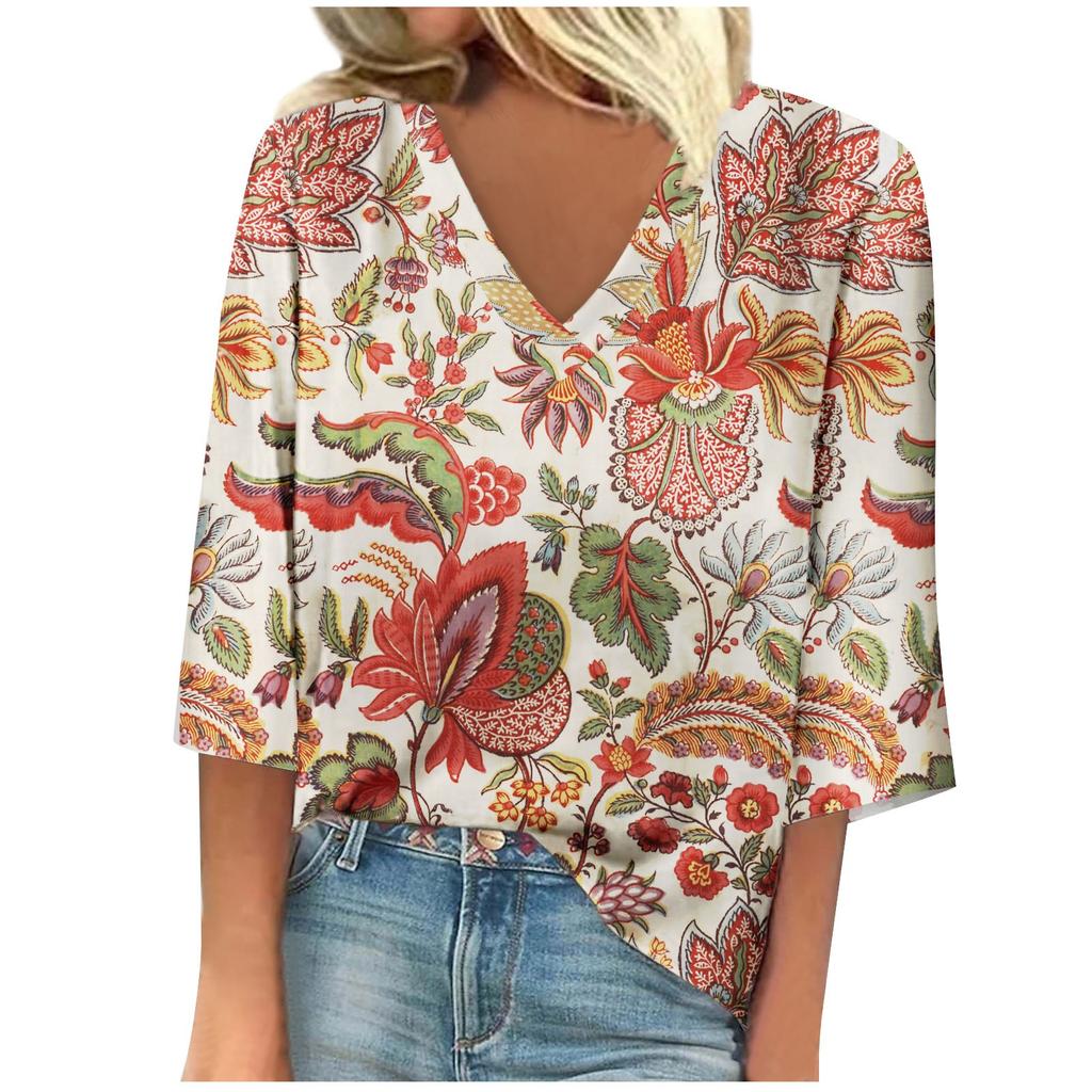 Women's Shirt Blouse Casual Loose Shirts 3/4 Sleeve Print V Neck Tops Print Tops T-shirts Tee