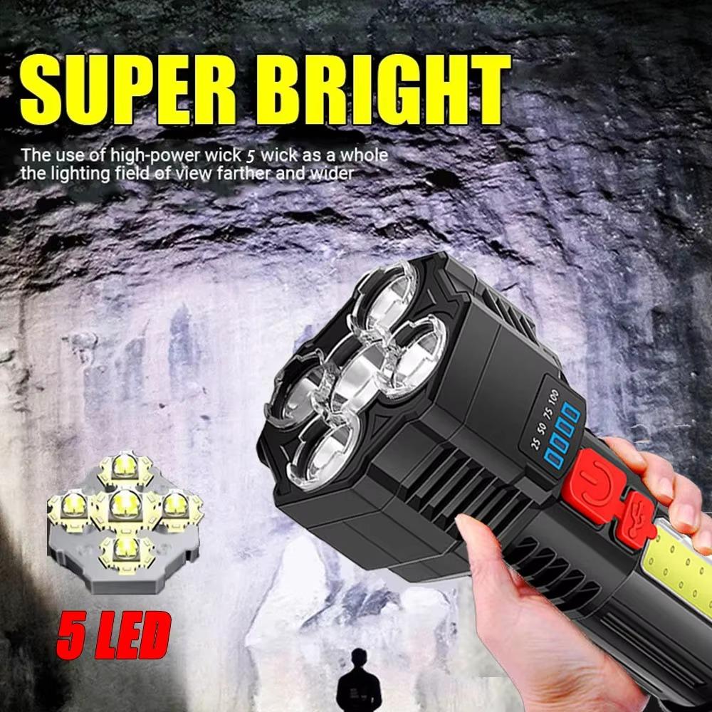 High Power LED Flashlights Camping Torch With 5 Lamp Beads And COB Side Light Rechargeable Portable Hand Lantern 3 Lighting Mode