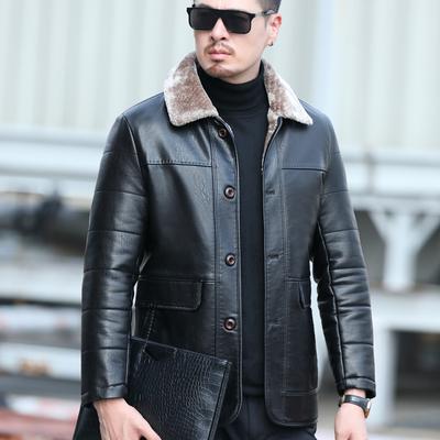 Chaqueta de Plumas de Cuero Genuino para Hombre Chaqueta de Cuero Genuino de Oveja Longitud Media Chaqueta de Papá Engrosada para Personas de Mediana Edad y Mayores