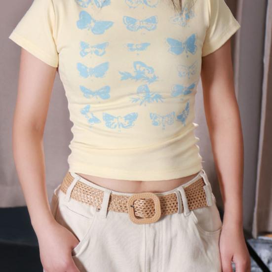 Straw Woven Belt with Oval Square Buckle Hollow Design Decorative Jeans Belt Breathable Weave Adjustable Shirt Waistband