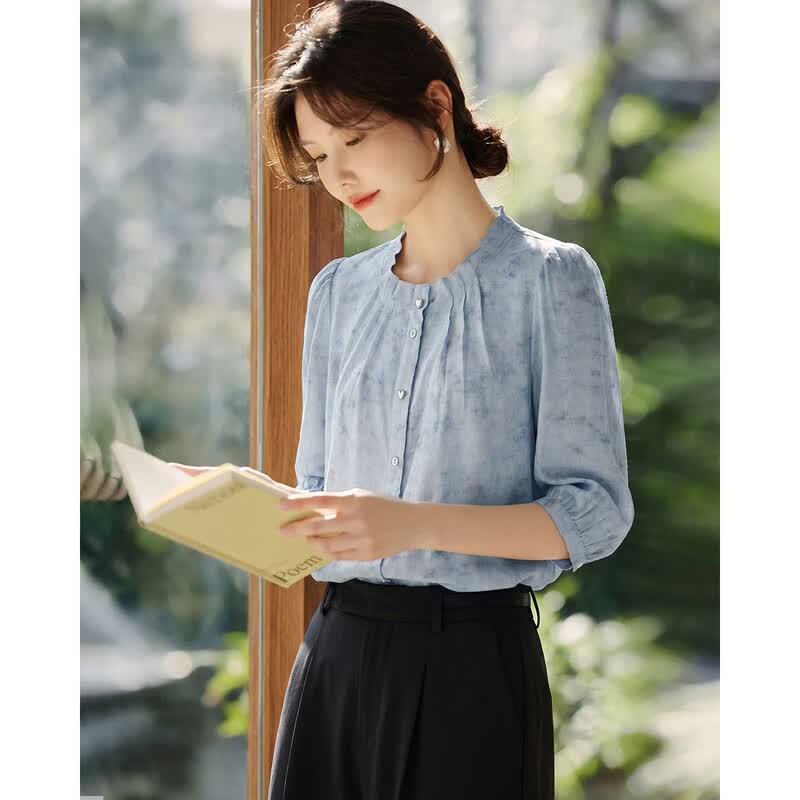 TERRE BLEUE Women s Linen Blend 3/4 Sleeve Shirt S