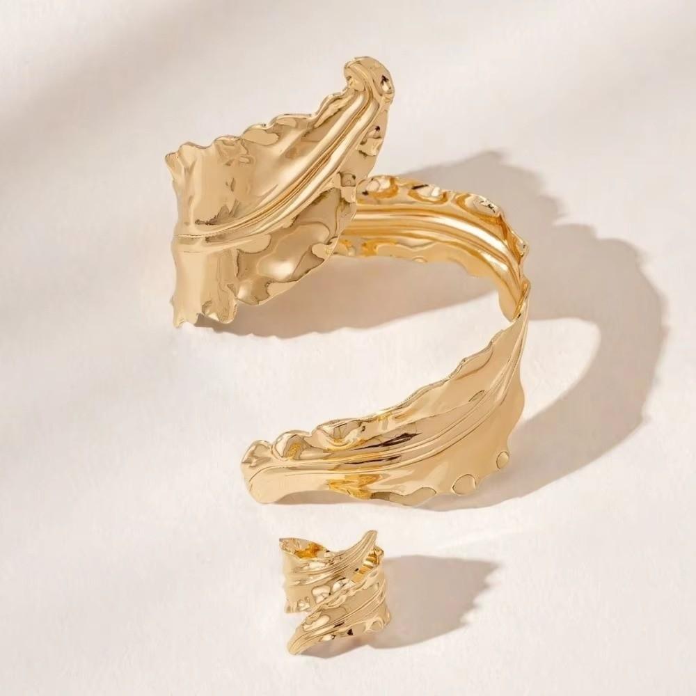 Spiral Opening Pleated Leaf Bracelet Gold Jewelry Accessories 2025 Ring Set  For Women Girls