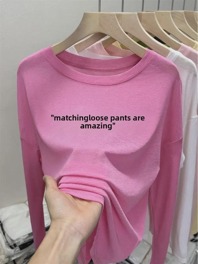 Dámská letní halenka ze síťoviny z ledového hedvábí, tenké vzdušné tričko s dlouhým rukávem, růžové