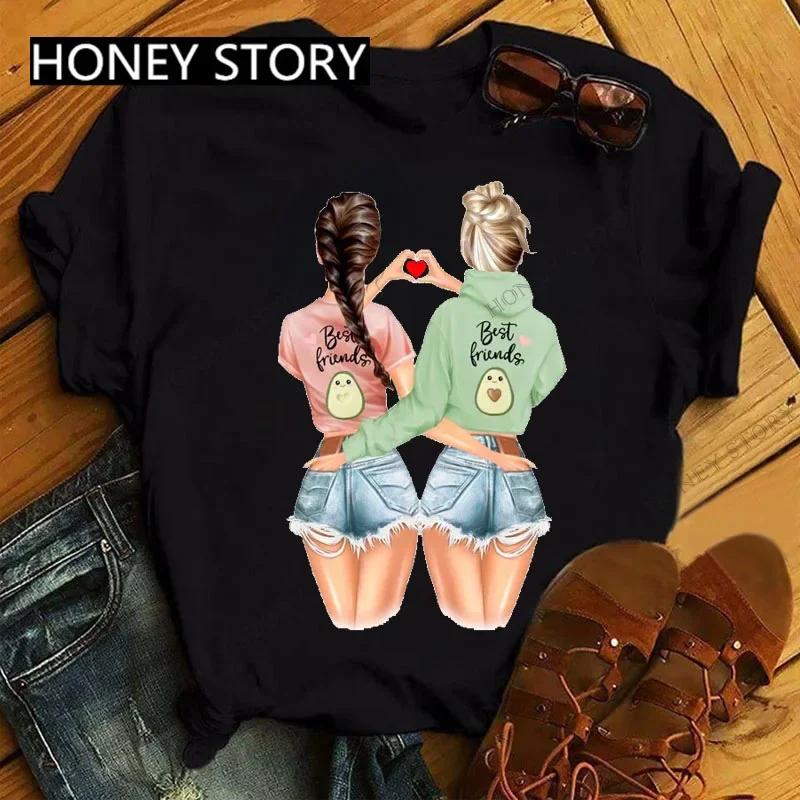 Summer Fashion Best Friends T-Shirt Short Sleeve Graphic Tees for Ladies Good Friend Bestie Sister Outfit Polyester Fabric