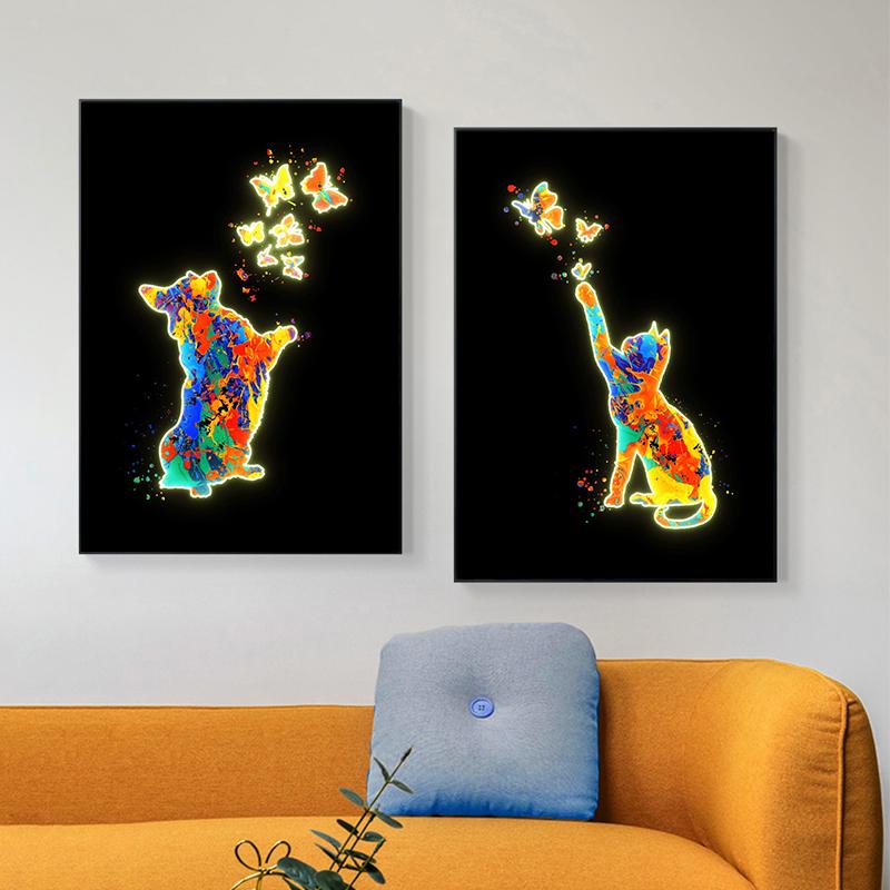 Neon-Design, niedliche Tiere, Poster, Leinwandgemälde, Flamingo, Hirsch, Giraffe, Katzen, Wand-Kunstdruck an der Wand, modernes Kinderzimmer-Dekor