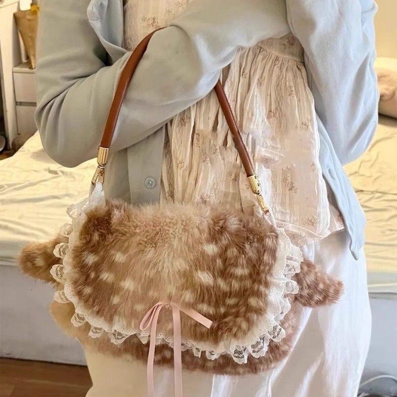 Japanese Lolita Shoulder Bag Cute Plush Deer Print Handbag Lace Bow Y2k Underarm Bag Magnetic Clasp Wallet Crossbody Phe Bag