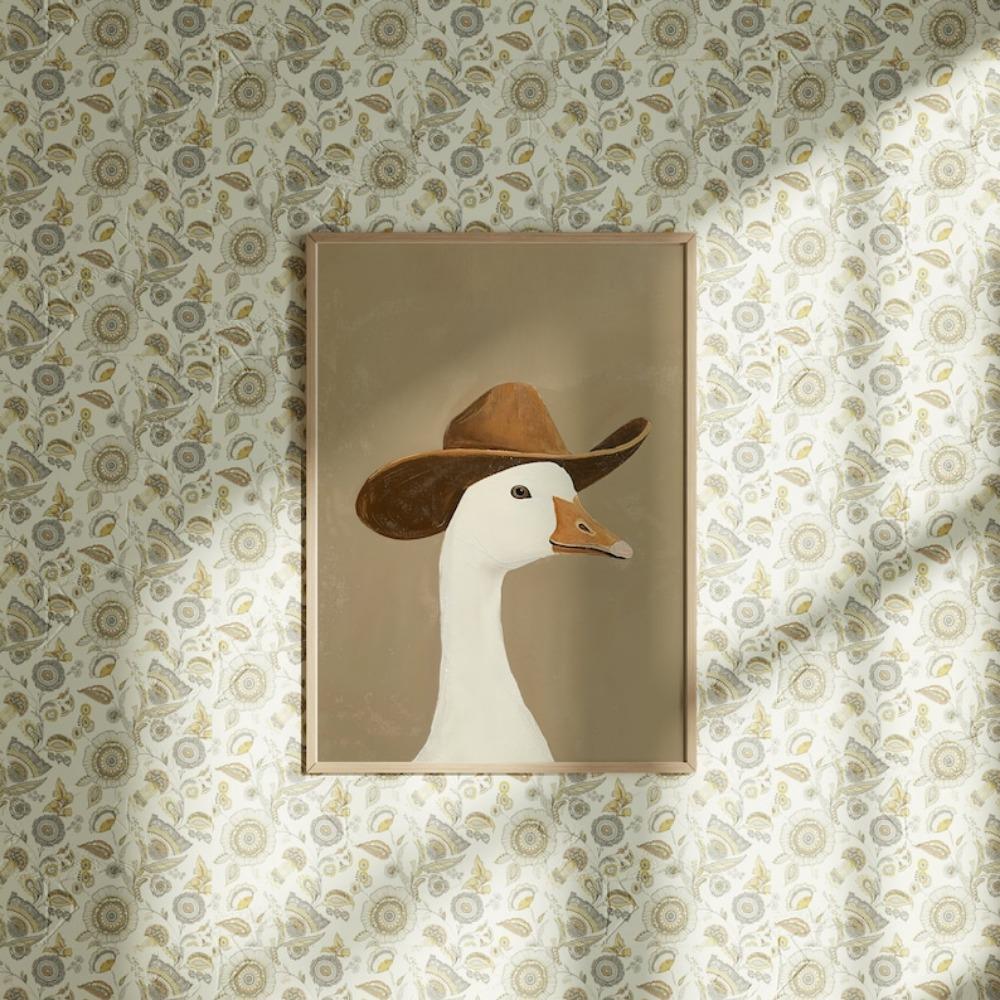 Silly Cowboy Goose,brown Cowboy Hat,western Nursery Art,neutral Boy Room Animal Art Wall Decoration Frameless Canvas Painting