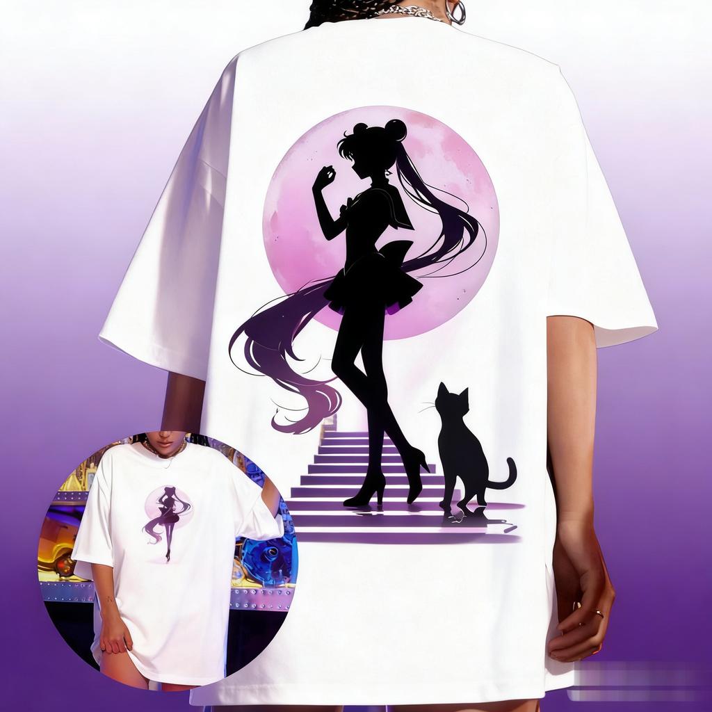 Summer 2026 Sailor Moon Hare Silhouette Under The Moon Street Trend 100 Cotton Print Loose Tshirt Malefemale Top Y2k