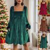 Women's Square Neck Long Sleeve Velvet Dress A-Line High Waist Solid Mini Dress With Pockets