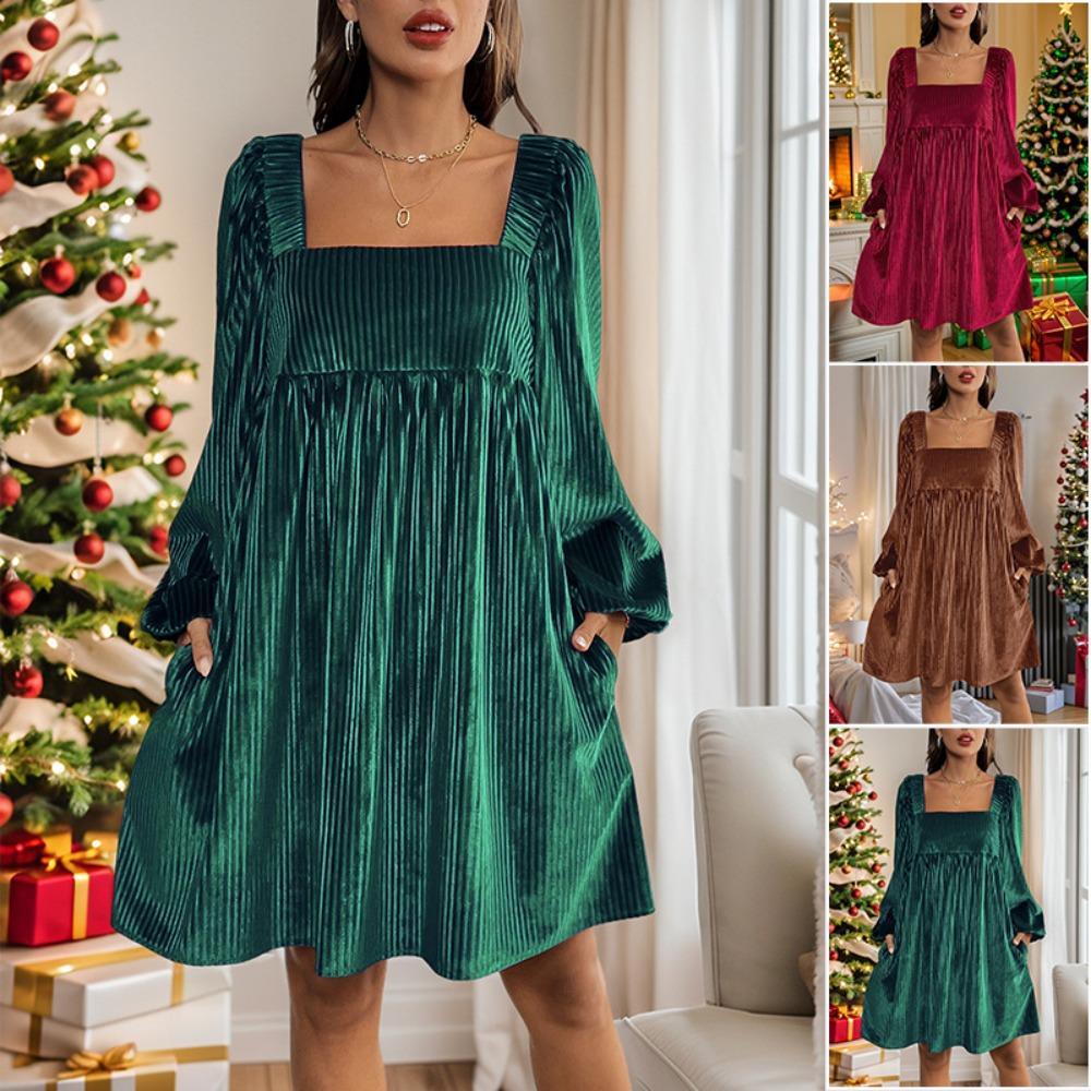 Women's Square Neck Long Sleeve Velvet Dress A-Line High Waist Solid Mini Dress With Pockets